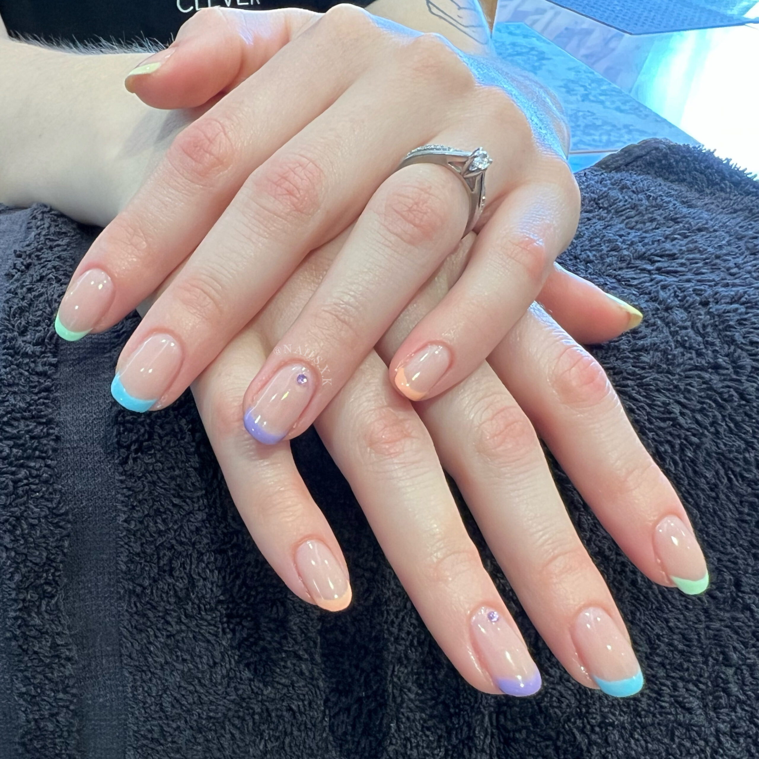 Rainbow french tip gel manicure. Nails by K