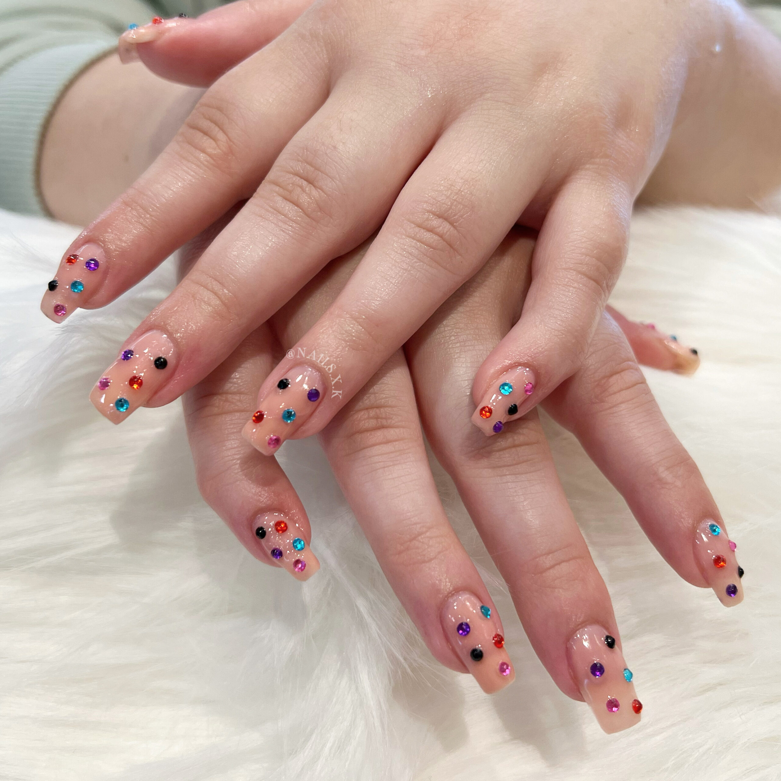Gel manicure bedazzled with rhinestones for a Taylor Swift Concert. Nails by K