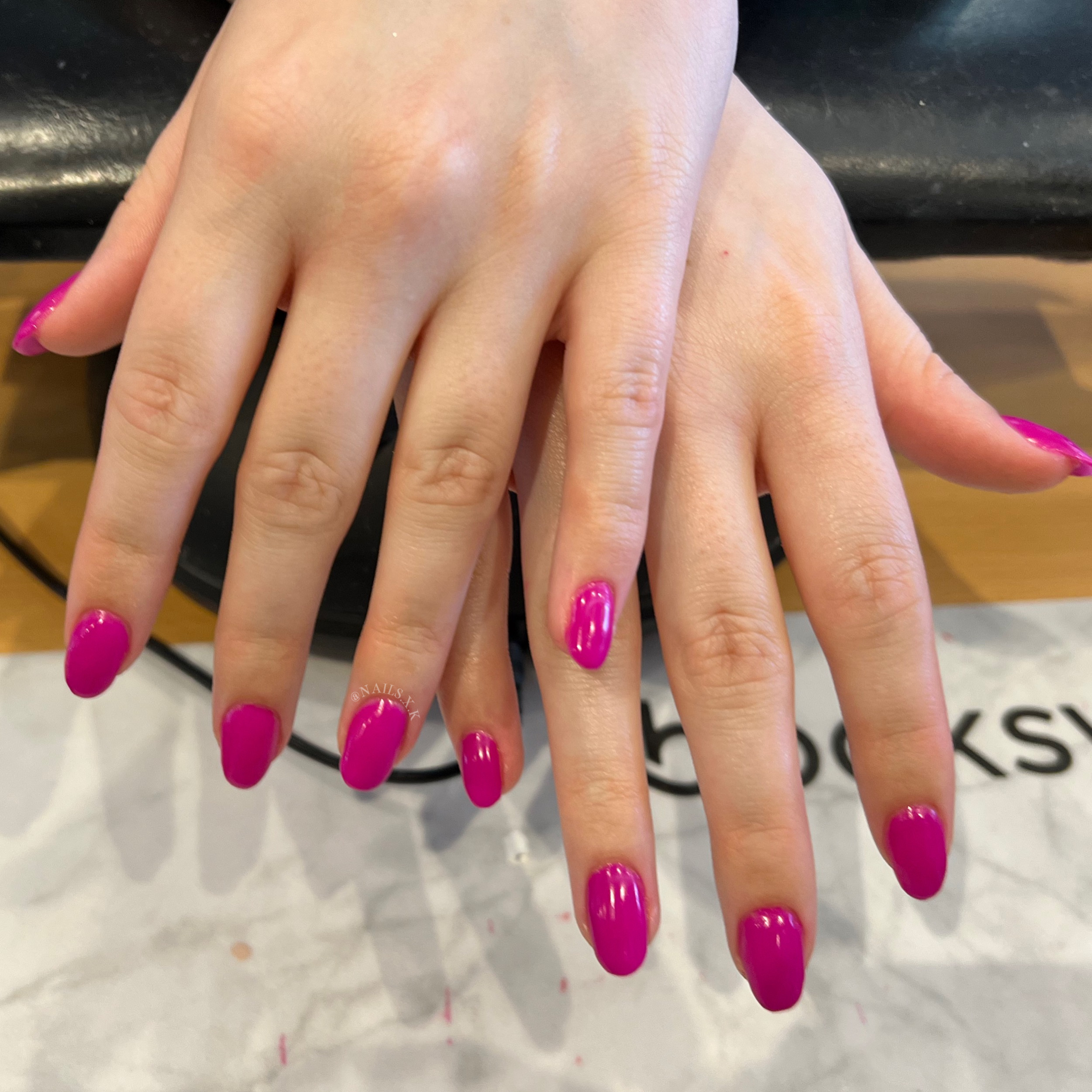 Acrylic Fill with bright Pink Color. Nails by K