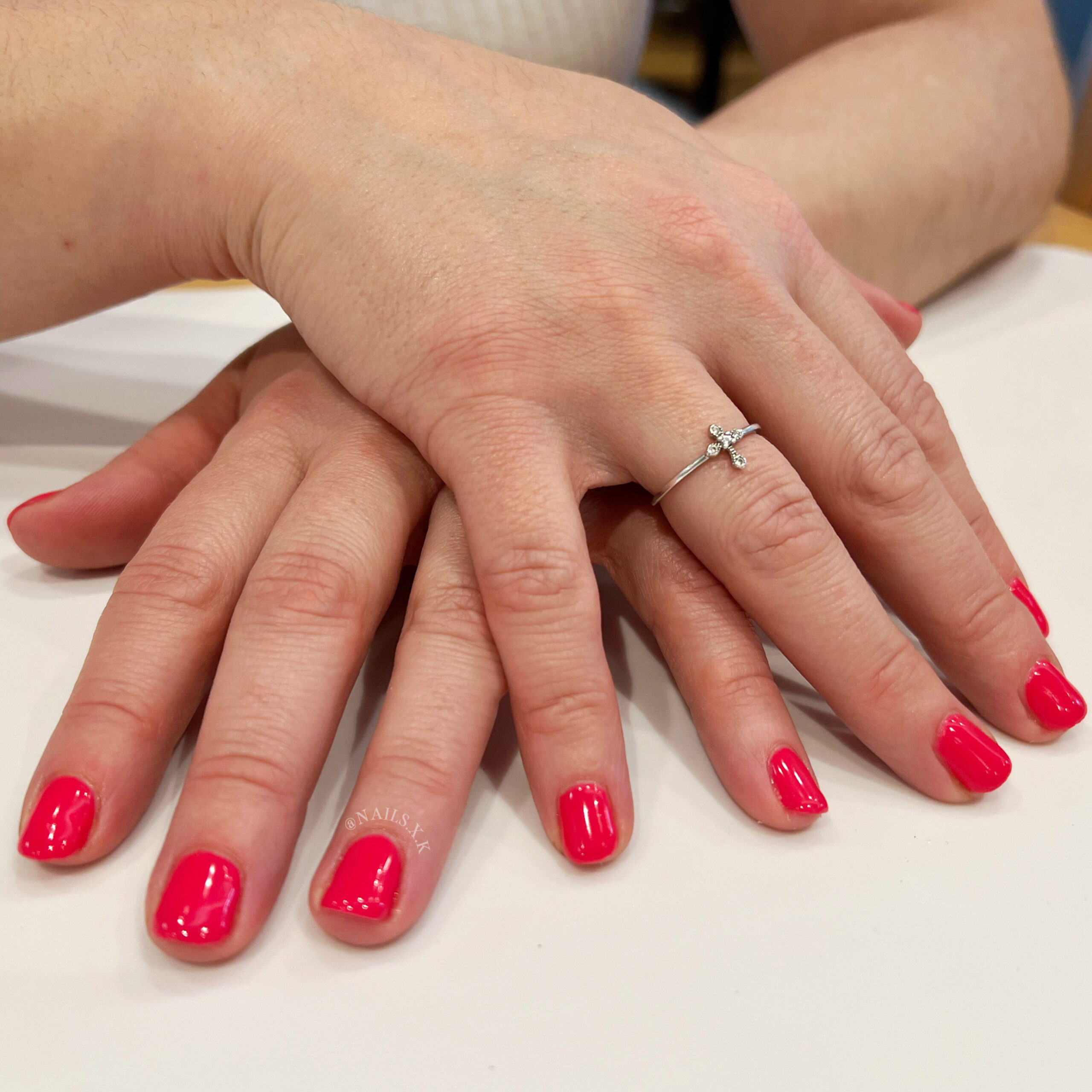 Bright pink/orange gel mani. Nails by K