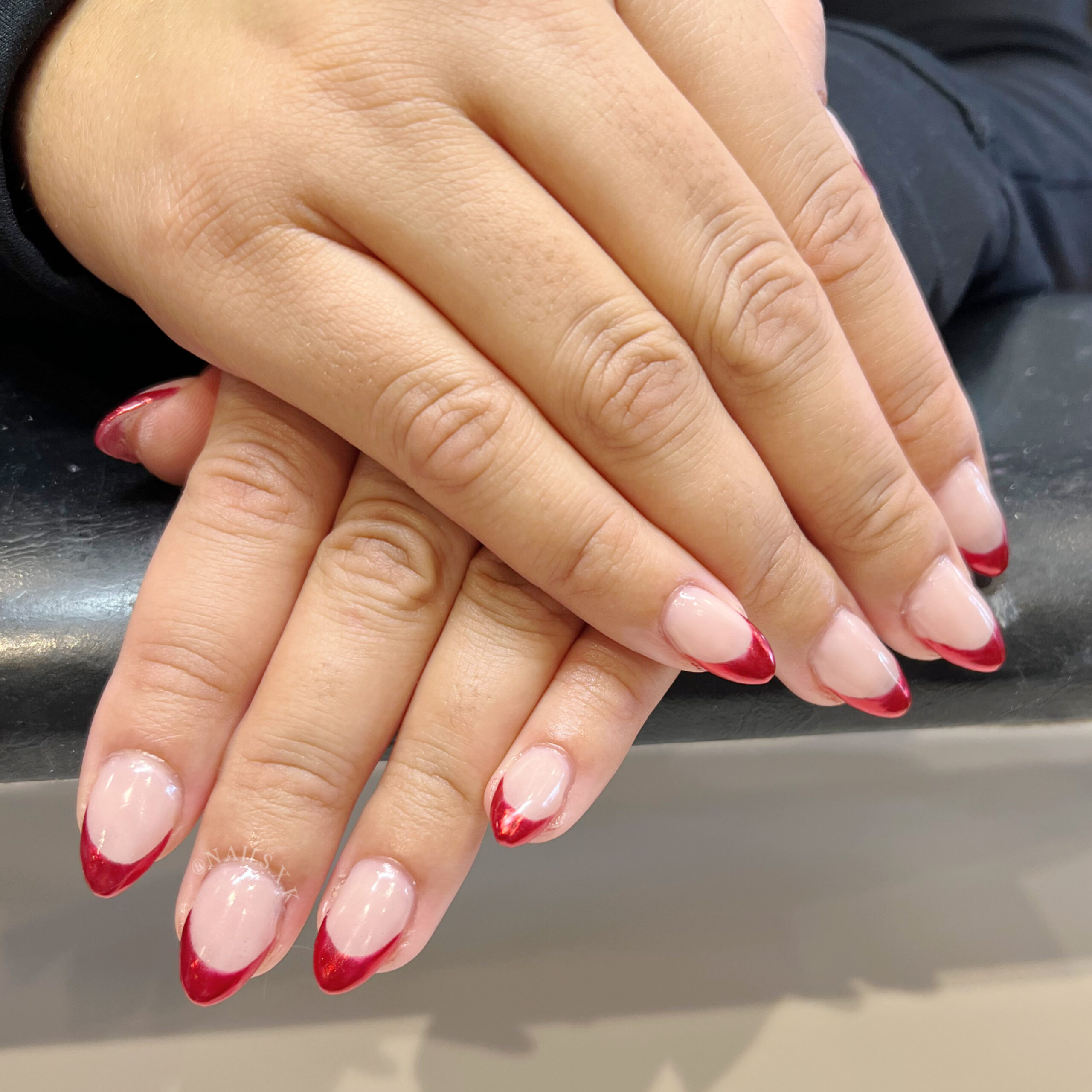 Hard Gel nails with red chrome french tips. Nails by K