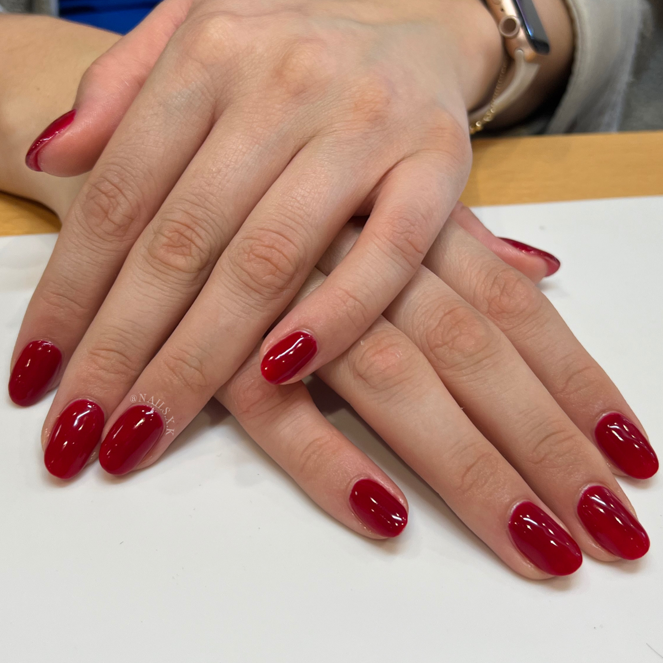 Hard gel fill with a dark red polish. Nails by K