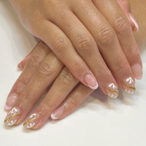Hard gel fill with hand drawn florals and chrome accents. Nails by K