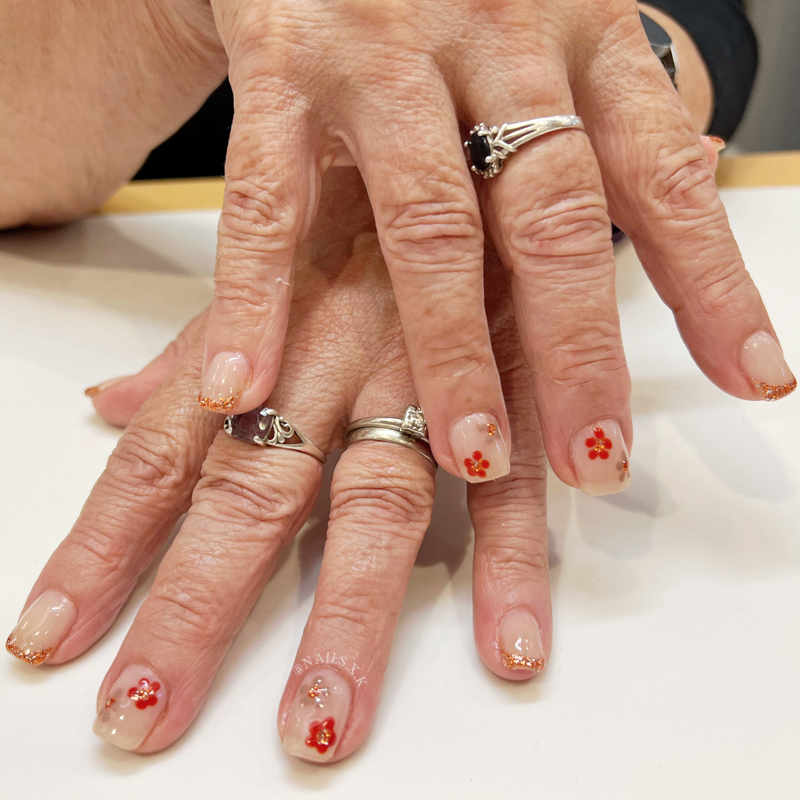 Acrylic nails with autumn floral art. Nails by K