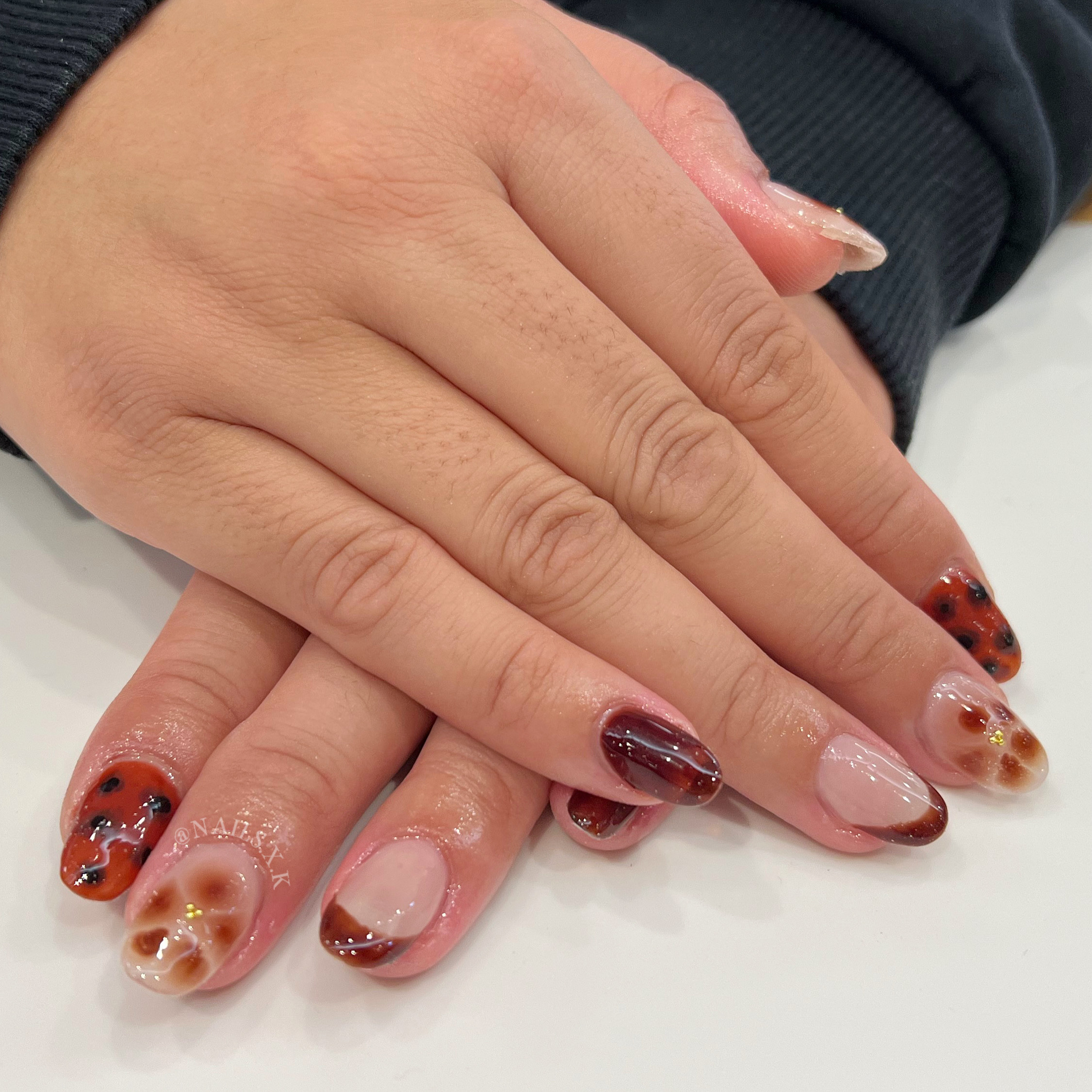 Hard gel with brown nail art. Nails by K