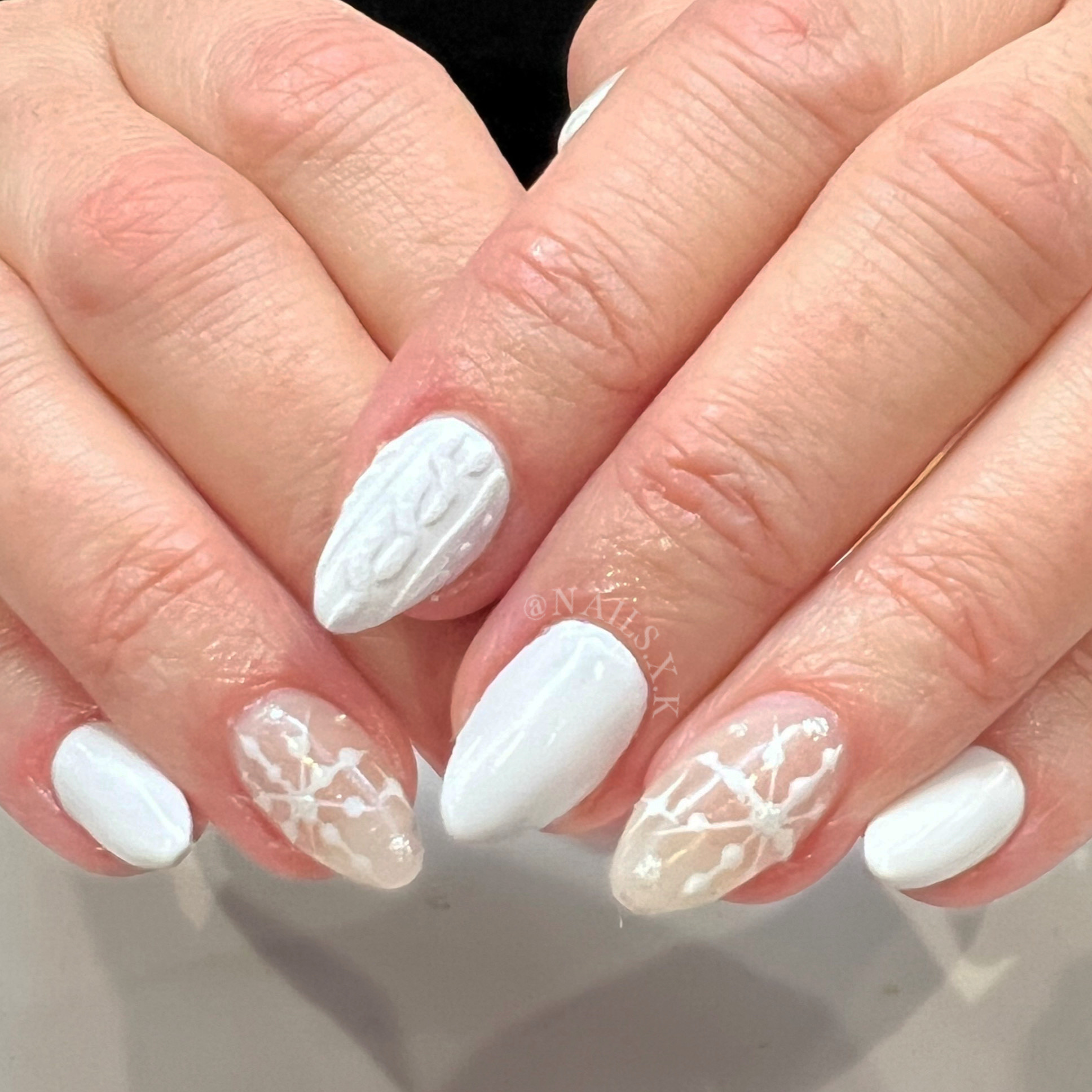 Acrylic fill with white polish and sweater and snowflake designs. Nails by K