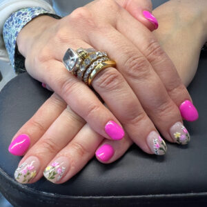 Hard gel with hand painted floral design. Nails by K
