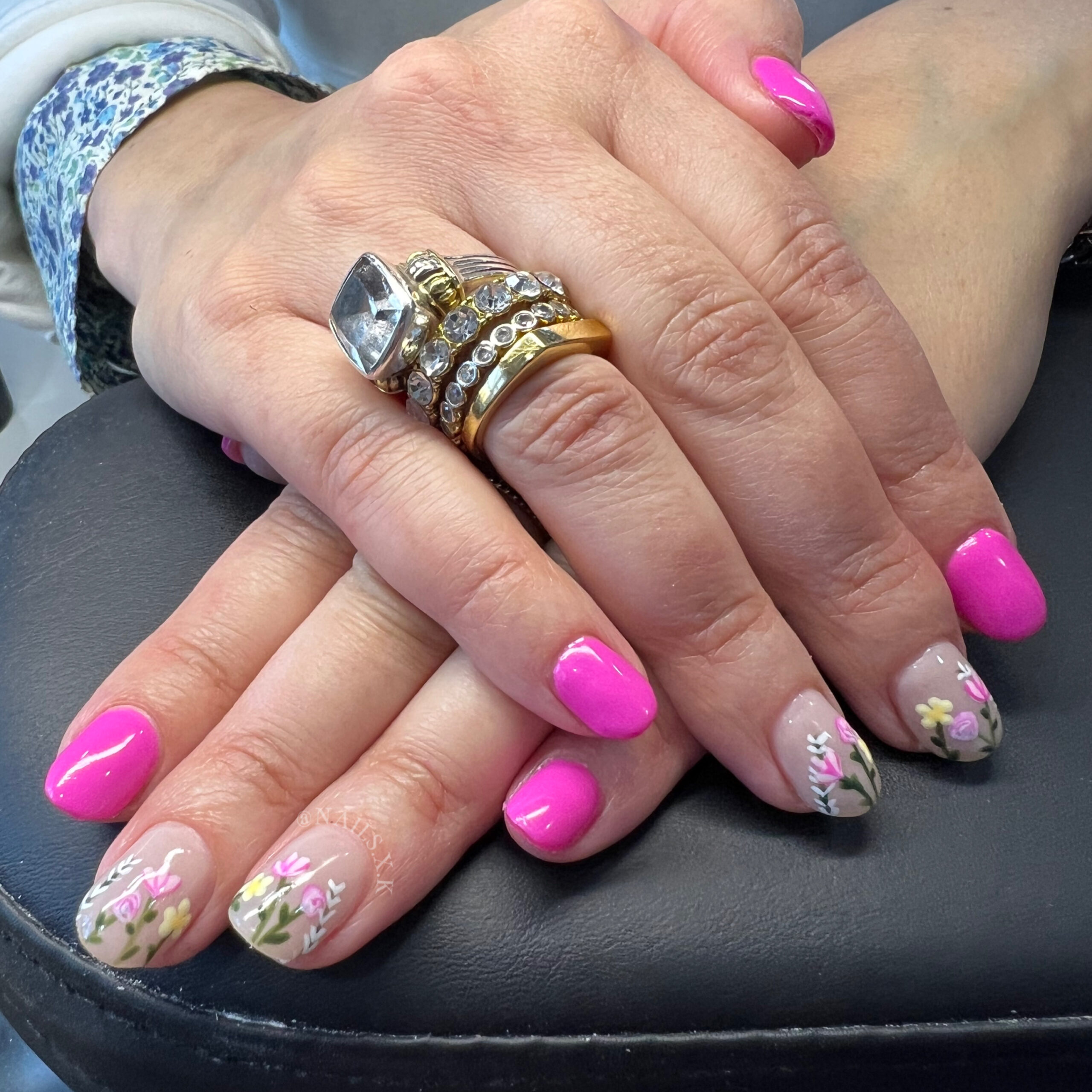Hard gel with hand painted floral design. Nails by K