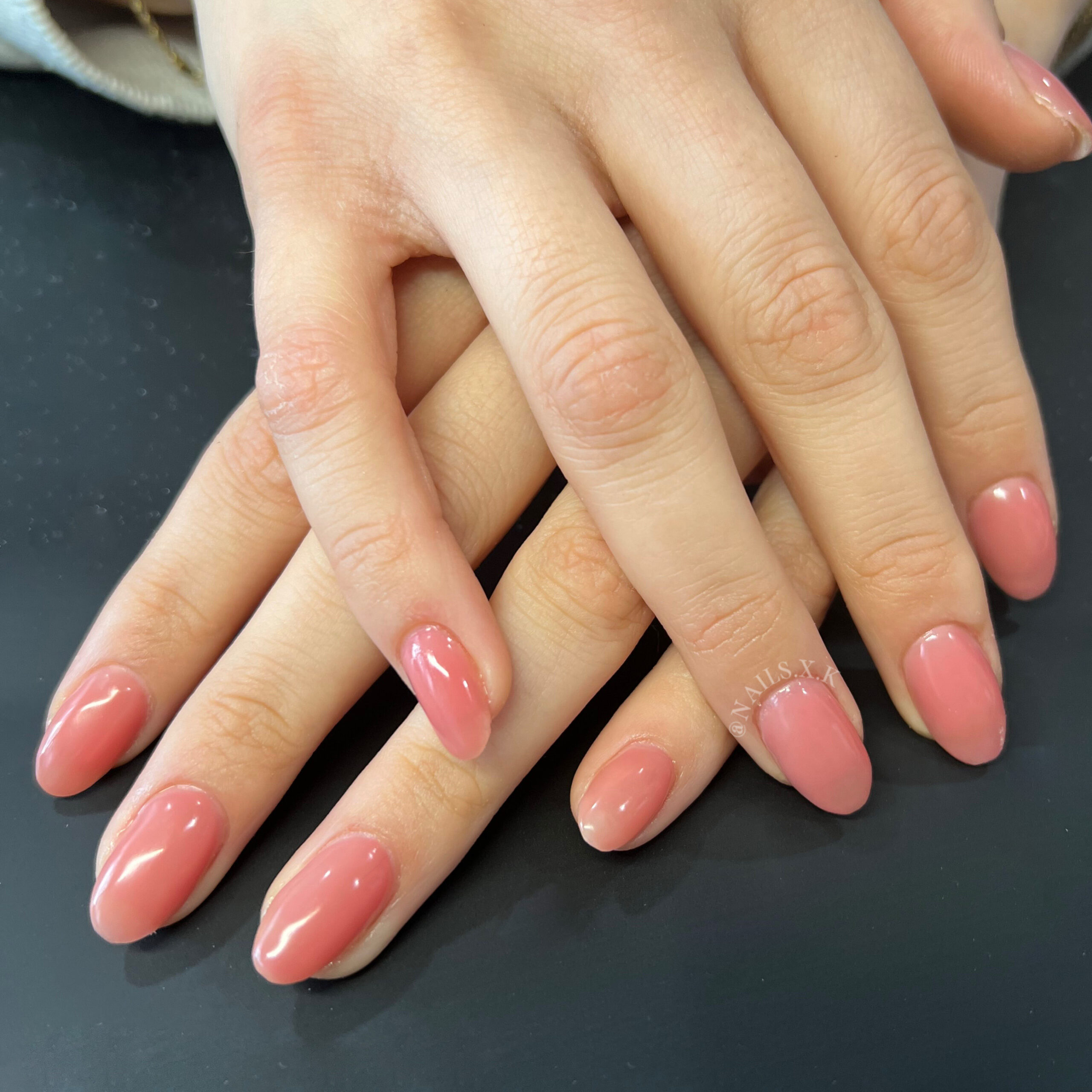 Natural looking acrylic nails with a berry color. Nails by K