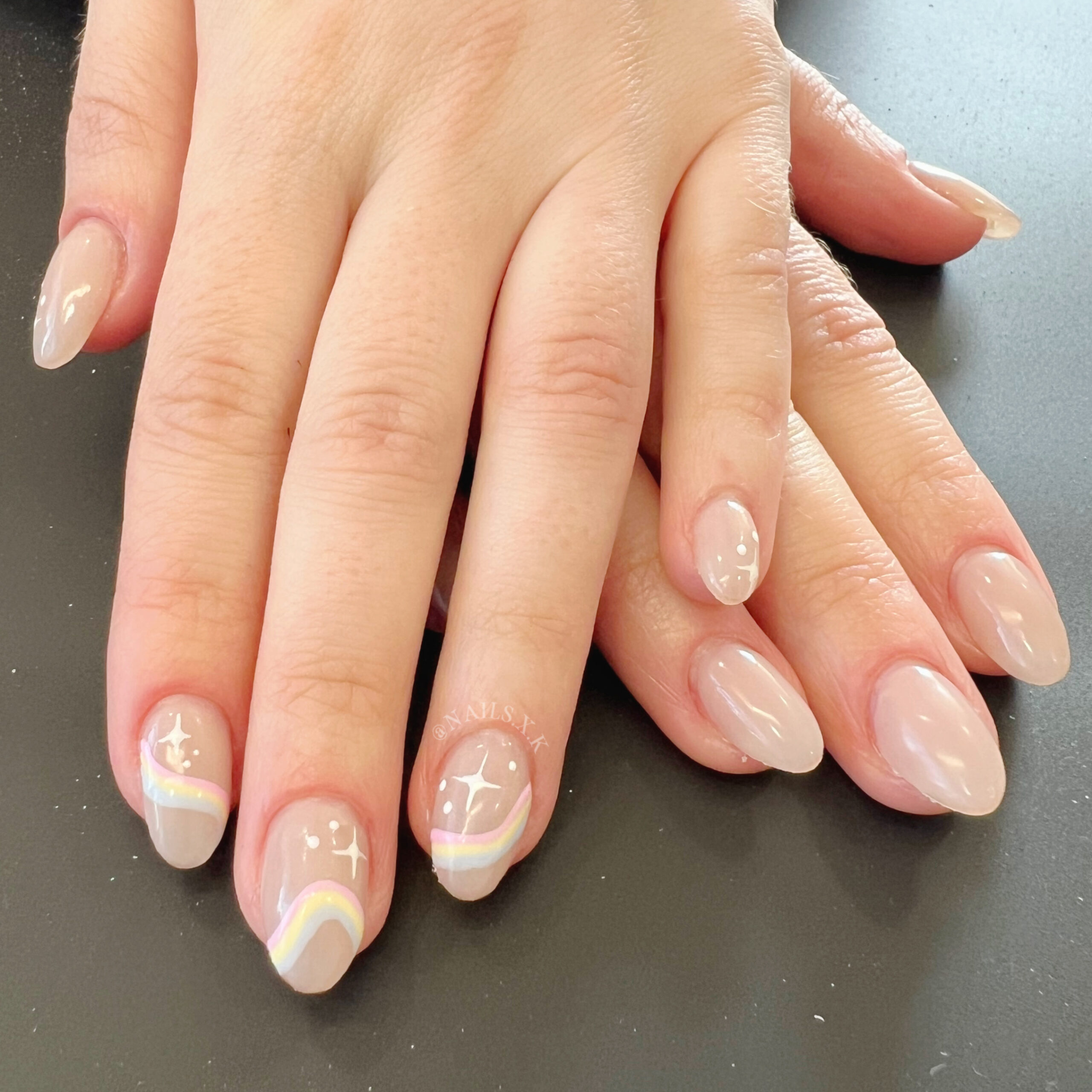 Hard gel nails with a dreamy pastel design. Nails by K